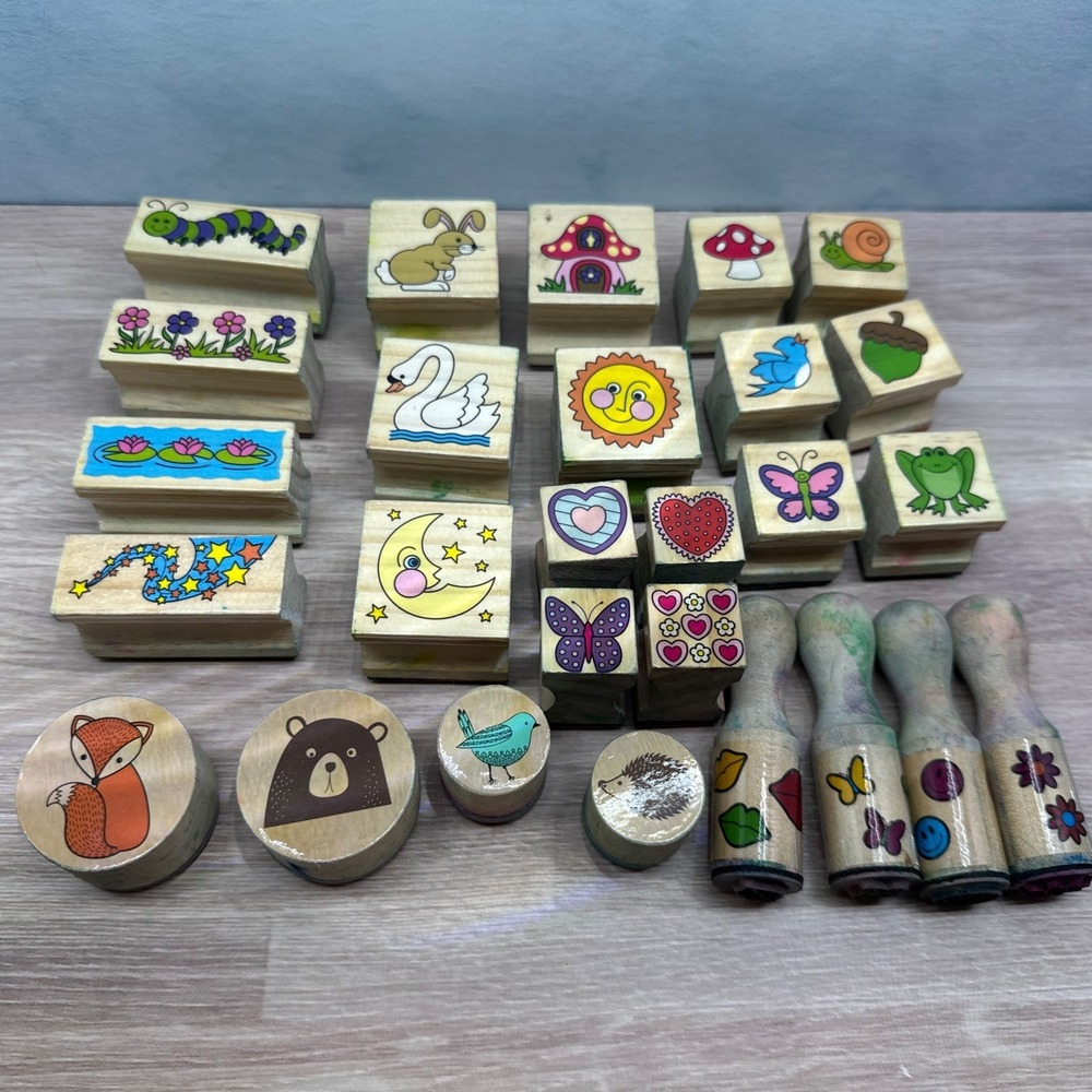 Mixed Lot Of 27 Wooden Rubber Stamps - Animals, Flowers, Birds, Hearts & More